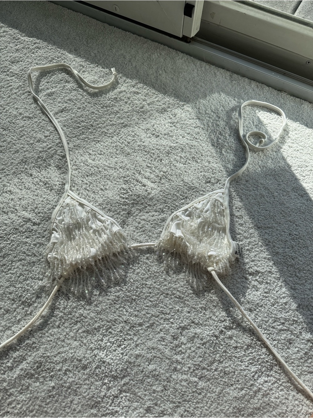 UjENA White Beaded Fringe Triangle Bikini Top